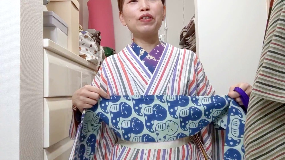 やっと帰って来たよ！今年初めての今日の着物は、干支手ぬぐい半幅帯。