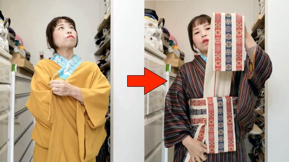 広衿仕立ての着物。長襦袢から帯結びまで。軽く着方を説明して